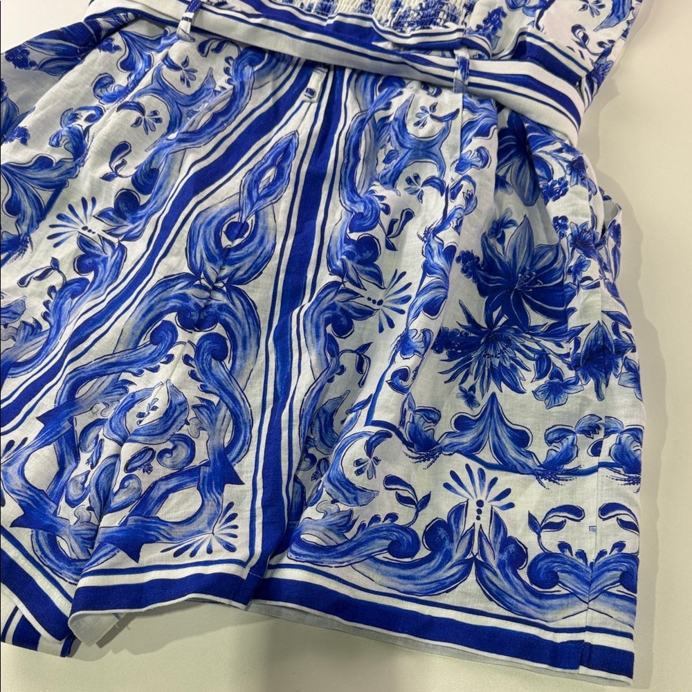FARM Rio Blue and White Floral Stripe Belted Romper - Picture 12 of 14